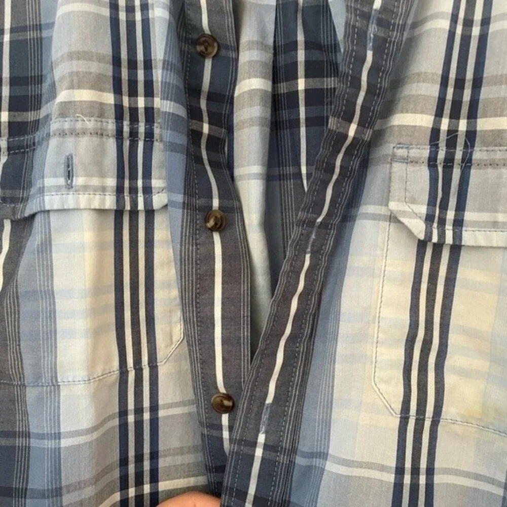 The Northface shirt men blue plaid button up polo casual hiking shirt size large